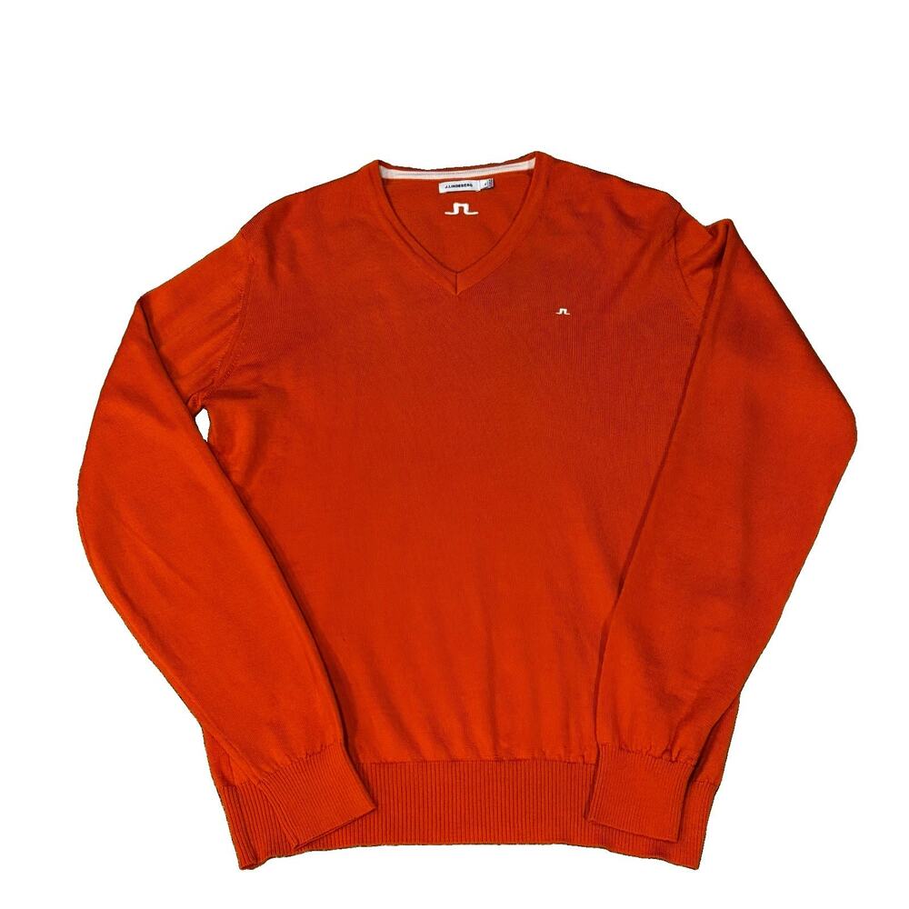 J. Lindeberg Merino Wool V Neck Sweater Burnt Orange JL Logo Men's Size XL Golf
